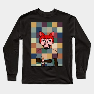 Pixelated Male Character with Animal Mask and Freakish Skin Holding a Dark Bottle Long Sleeve T-Shirt